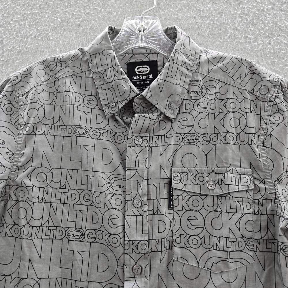 Ecko‎ Unltd. Men Button Up Shirt S Gray Graphic Print Logo - Picture 8 of 11